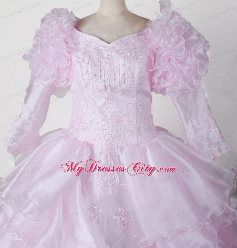 Long Sleeves with Bubble Little Gril Pageant Dress in V-neck