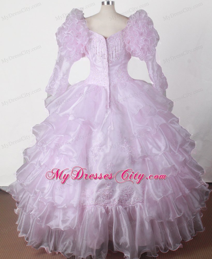 Long Sleeves with Bubble Little Gril Pageant Dress in V-neck