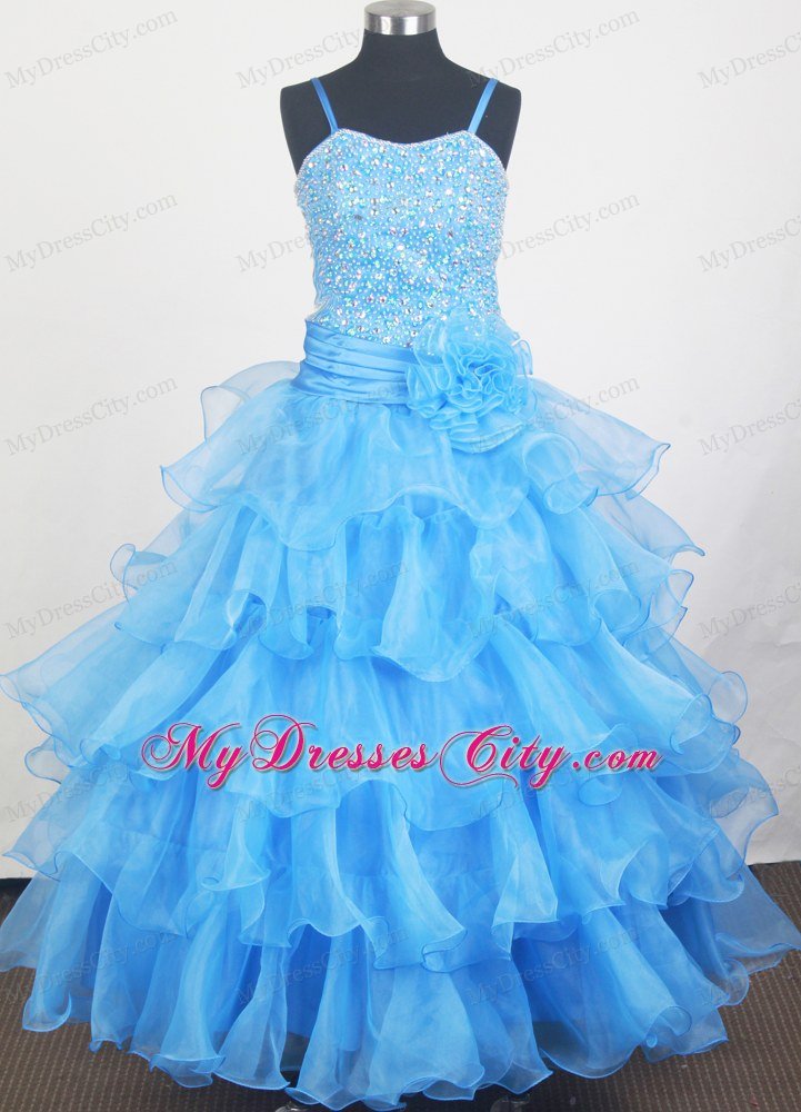 Aqua Blue Beaded Bodice Flowers Little Gril Dress for Pageant