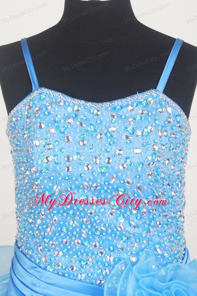 Aqua Blue Beaded Bodice Flowers Little Gril Dress for Pageant