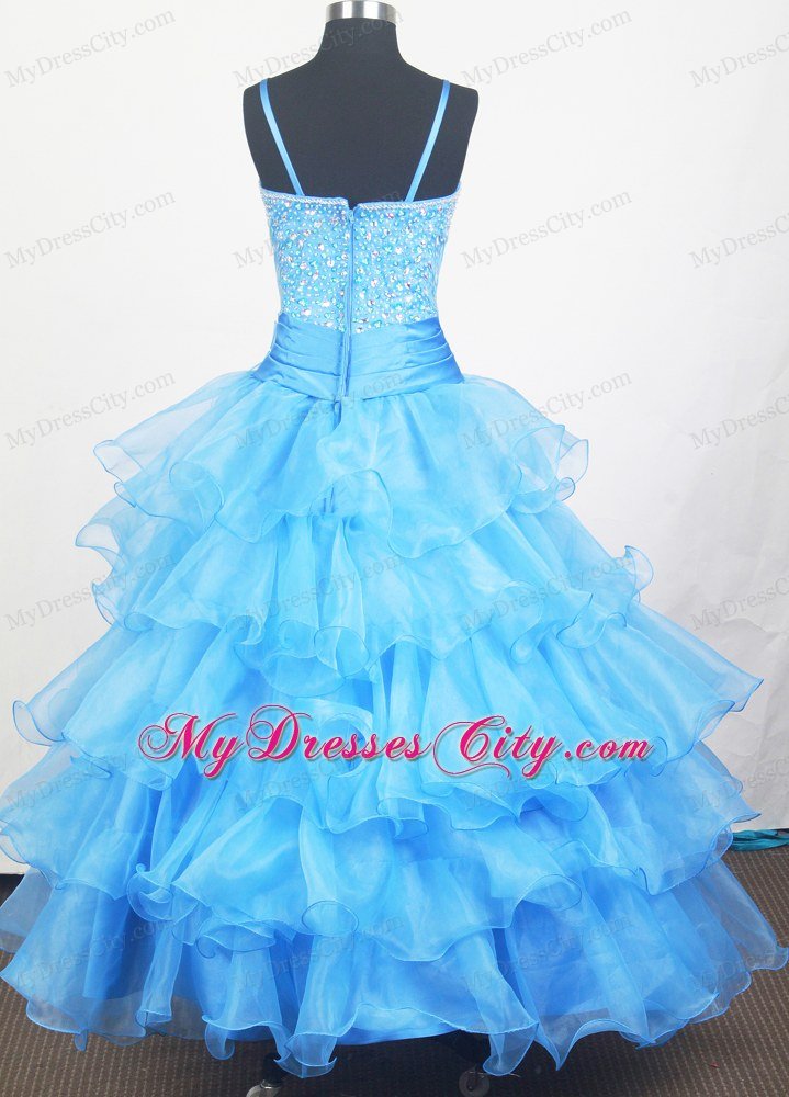 Aqua Blue Beaded Bodice Flowers Little Gril Dress for Pageant