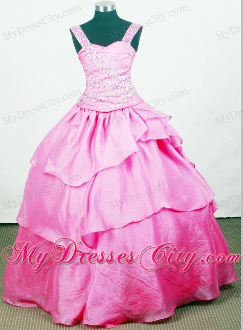 Beaded Decorate Straps Little Girl Pageant Dresses in Hot Pink