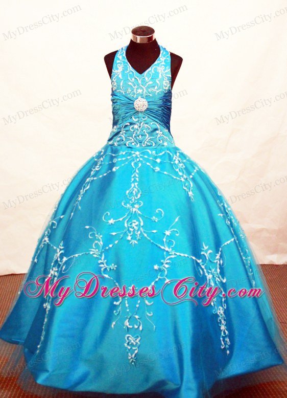 Blue Appliques Halter little girls Beauty Pageant Dresses