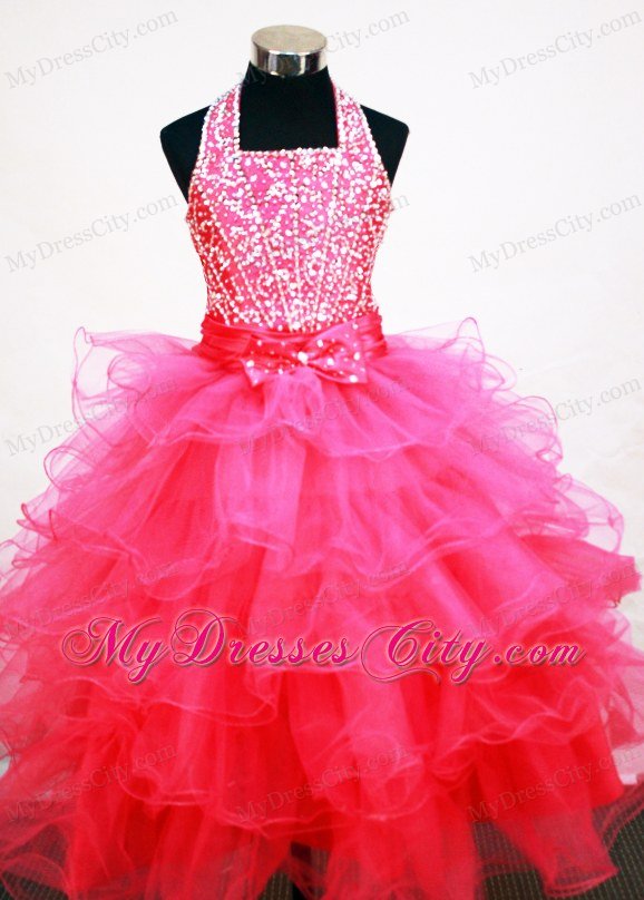 Ruffles and Sash decorated Hot Pink Beaded Little Girl Dresses