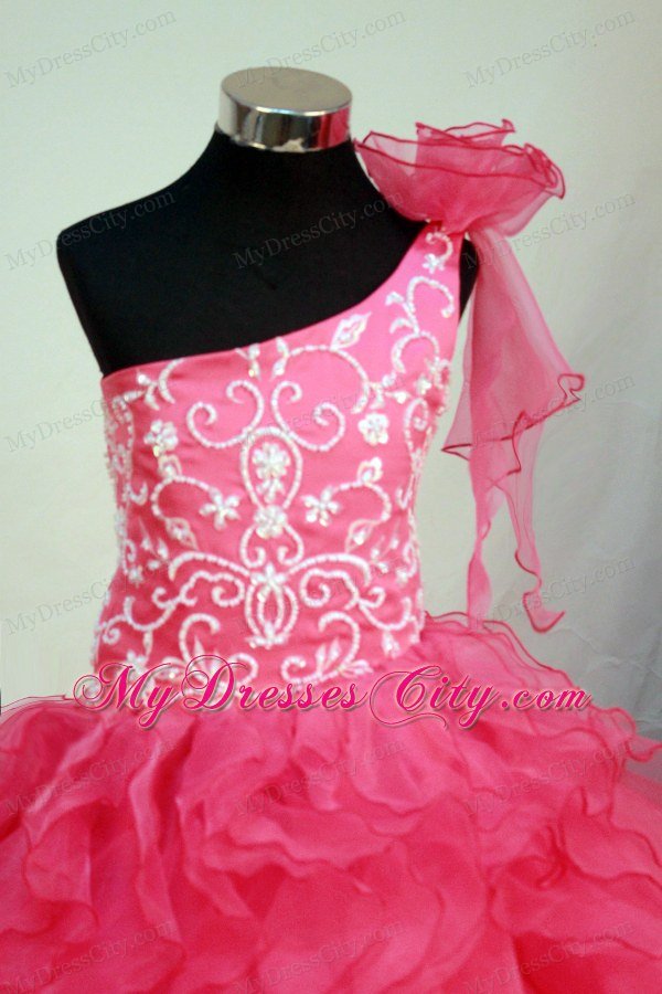 Hot Pink One Shoulder Little Girl Dress With Embroidery and Flower