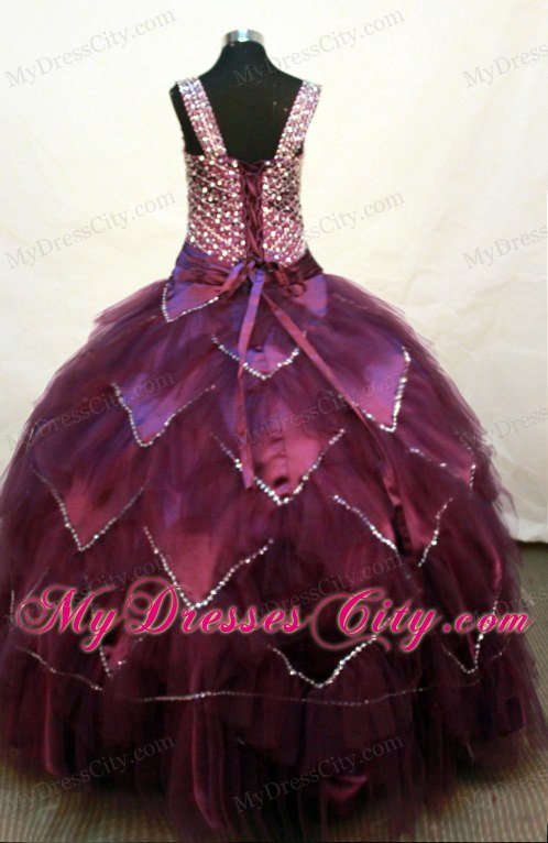 Square Burgundy Beaded Girl Pageant Dress with Layers of Tulle