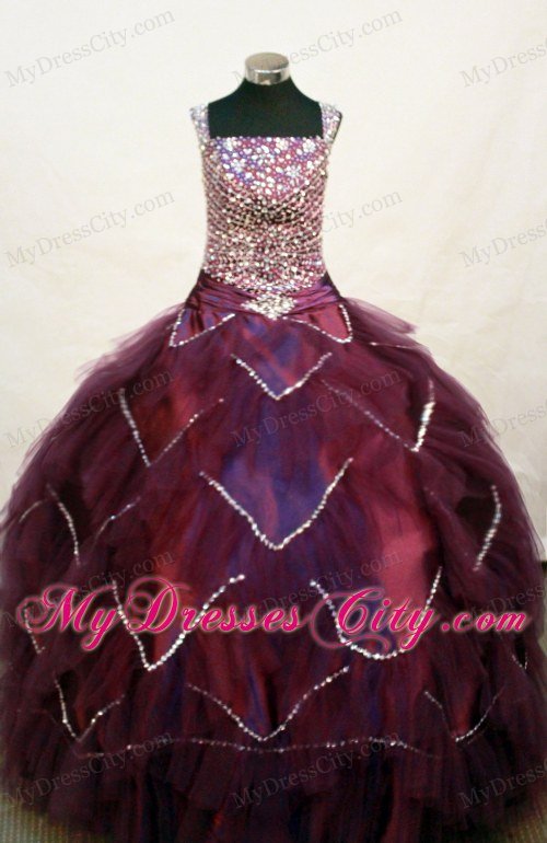 Square Burgundy Beaded Girl Pageant Dress with Layers of Tulle