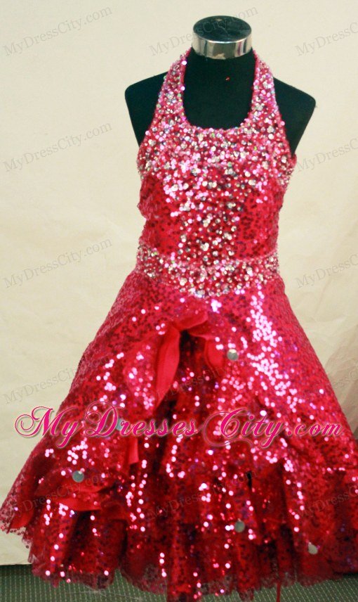 Red Sequined and Beaded Halter Neckline Infant Pageant Dress