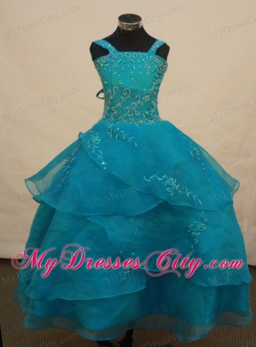 Teal Straps Girl Pageant Dress With Appliques and Layered Organza