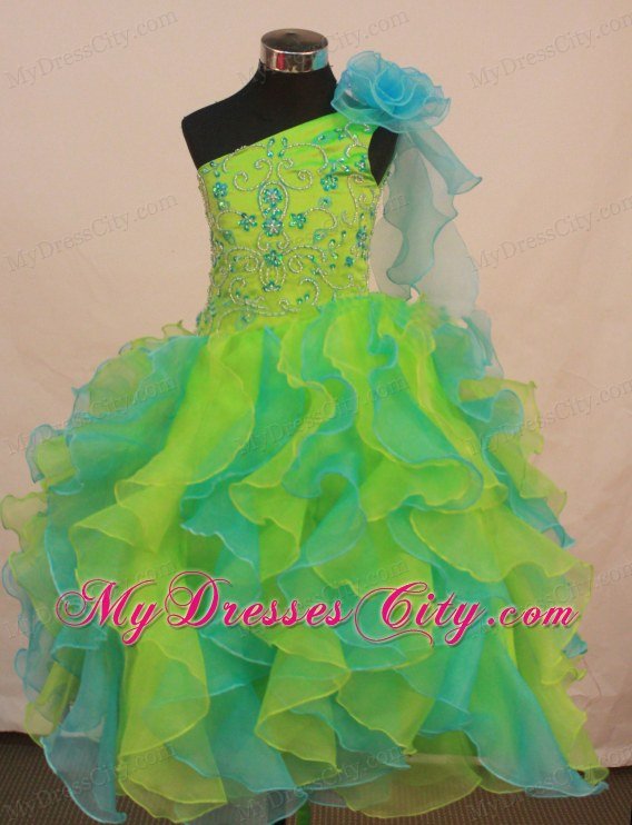 Multi-color Beaded Girl Pageant Dress With Ruffles and Flowers