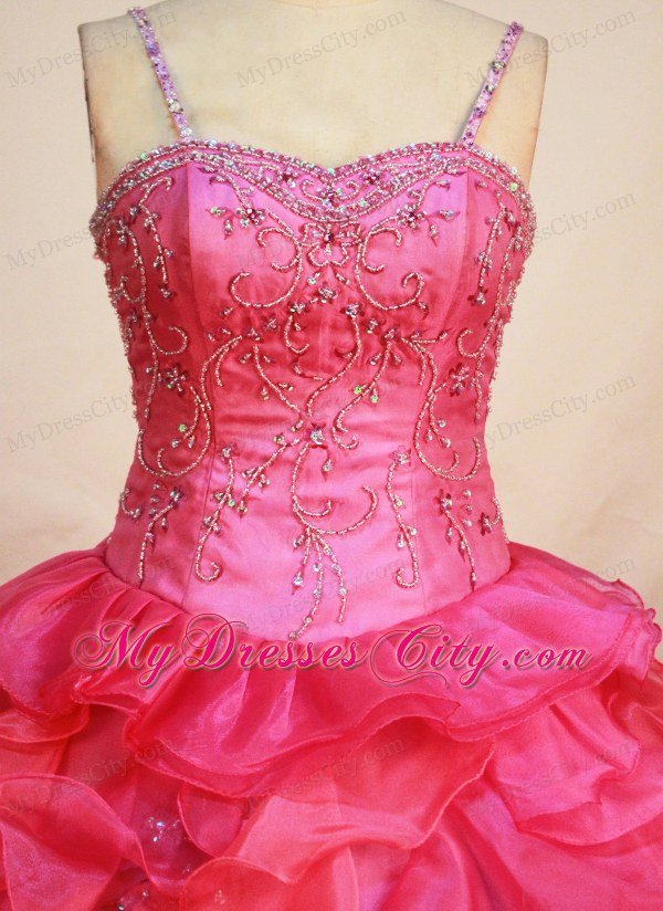 Spaghetti Straps Coral Red Beading and Ruffles Girl Pageant Dress