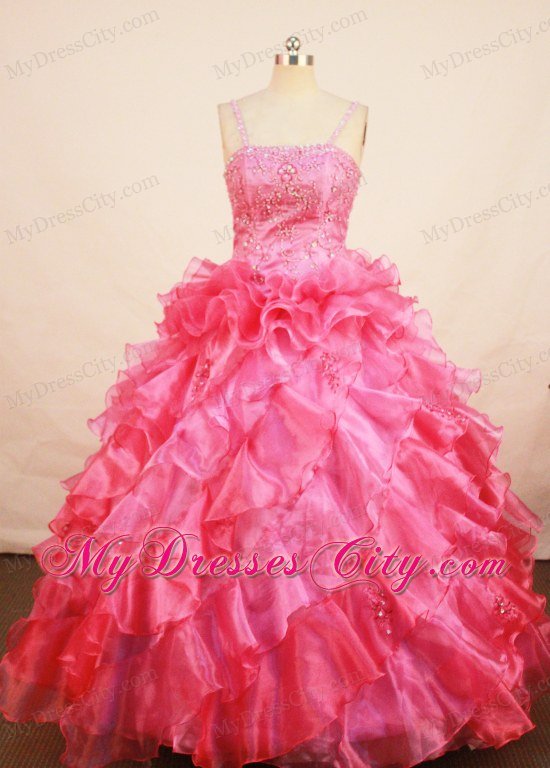 Spaghetti Straps Coral Red Beading and Ruffles Girl Pageant Dress