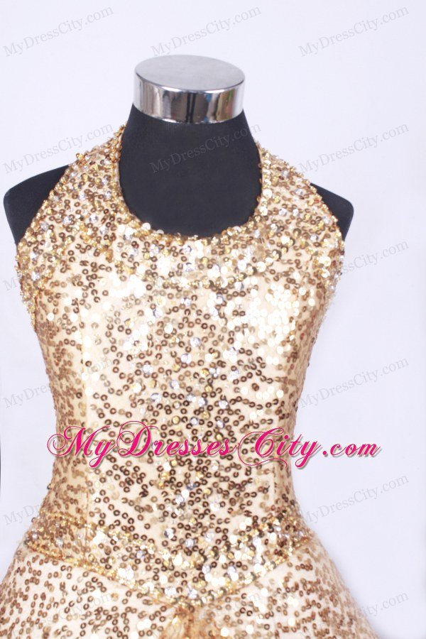 Halter Neck Gold Little Girl Pageant Dresses With Sequins