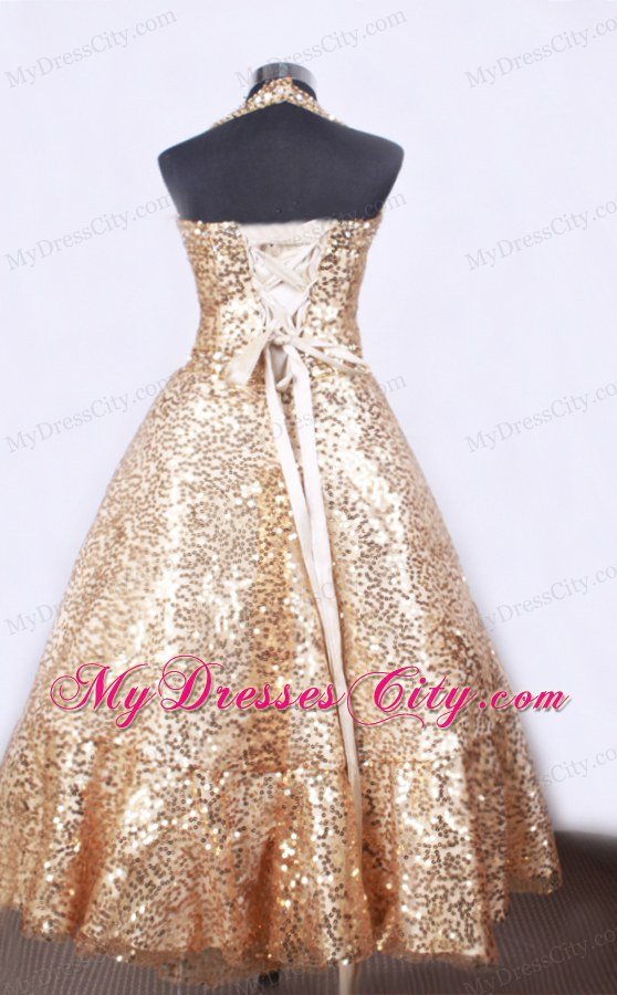 Halter Neck Gold Little Girl Pageant Dresses With Sequins