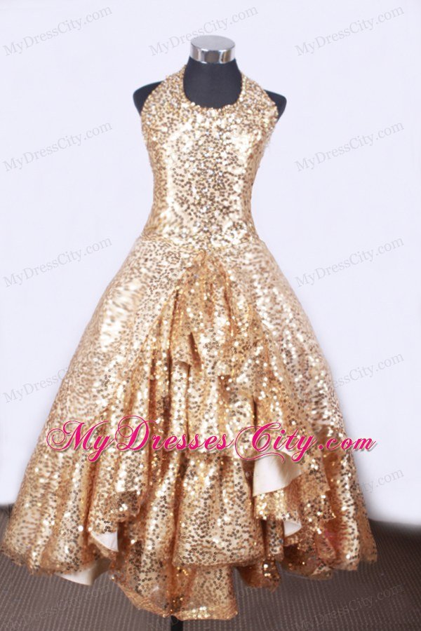 Halter Neck Gold Little Girl Pageant Dresses With Sequins