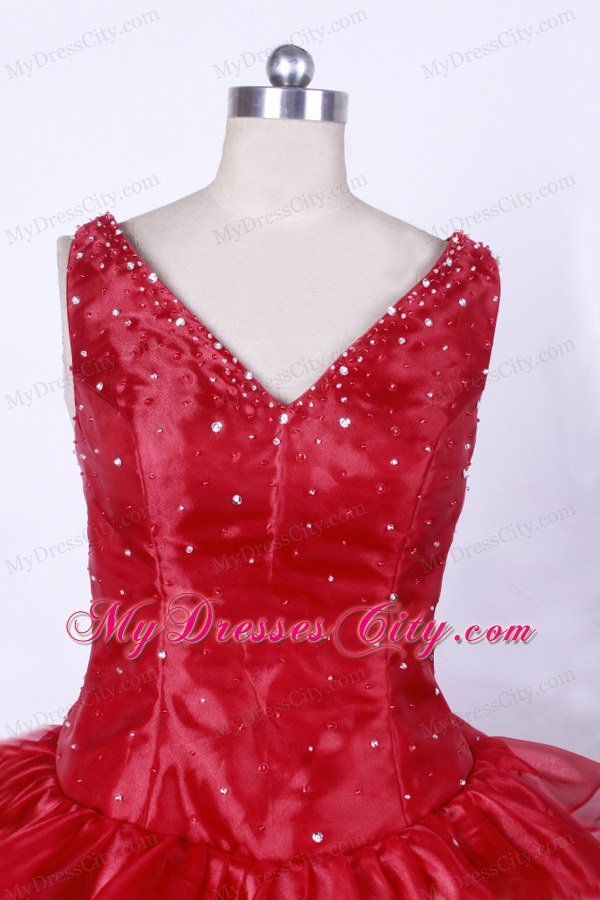 Red Little Girl Pageant Dresses With Ruffled Layers and Beading