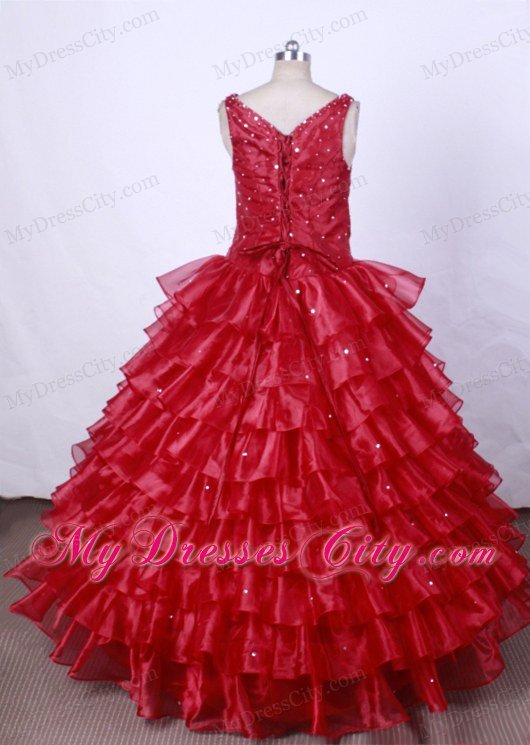 Red Little Girl Pageant Dresses With Ruffled Layers and Beading