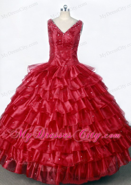 Red Little Girl Pageant Dresses With Ruffled Layers and Beading