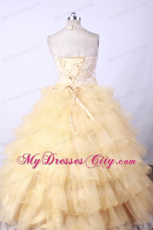 Ruffled Layers and Beading Gold Halter Little Girl Pageant Dresses