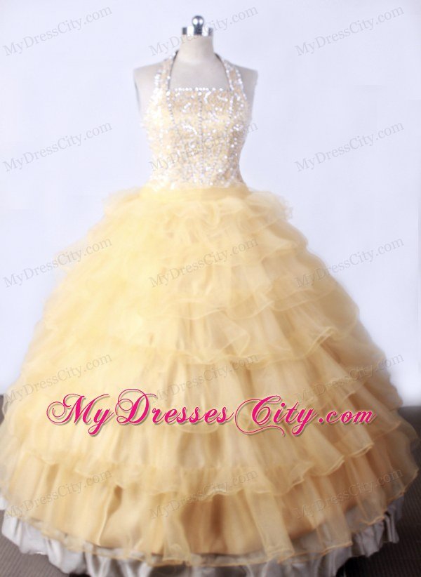 Ruffled Layers and Beading Gold Halter Little Girl Pageant Dresses