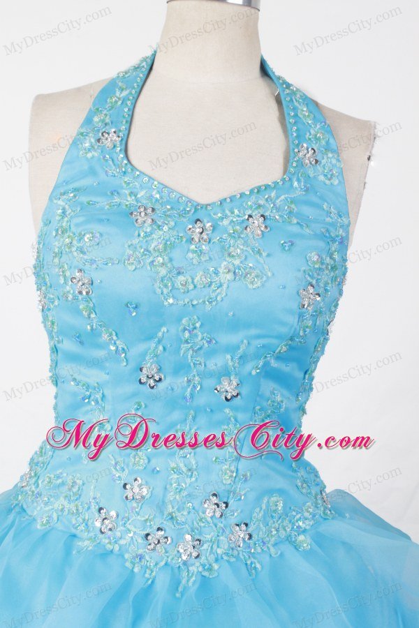 Halter and Baby Blue Appliques Beading Little Girl Pageant Dresses