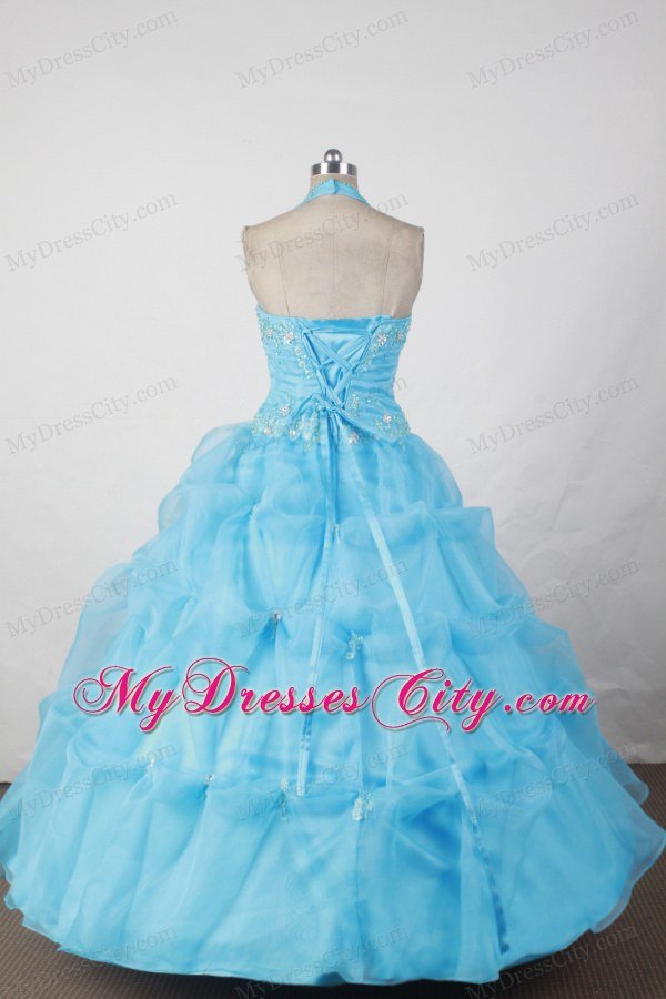 Halter and Baby Blue Appliques Beading Little Girl Pageant Dresses