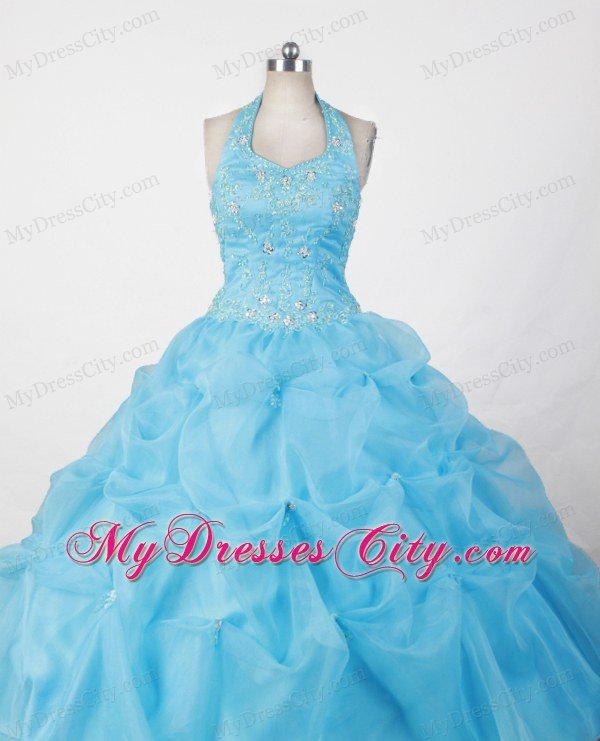 Halter and Baby Blue Appliques Beading Little Girl Pageant Dresses