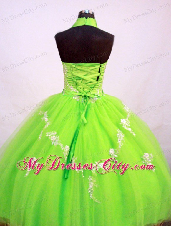 Spring Green Halter Little Girl Pageant Dresses With Appliques