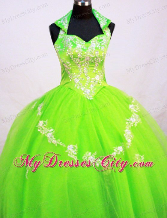 Spring Green Halter Little Girl Pageant Dresses With Appliques