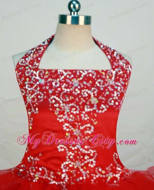 Red Halter Little Girl Dresses With Ruffled Layers and Beading