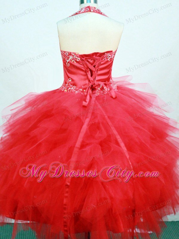 Red Halter Little Girl Dresses With Ruffled Layers and Beading