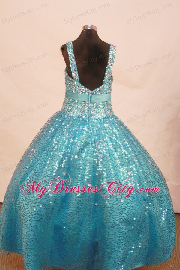 Sequin and Bowknot Aqua Blue Straps Little Girl Pageant Dresses