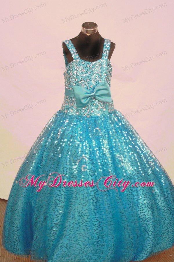 Sequin and Bowknot Aqua Blue Straps Little Girl Pageant Dresses