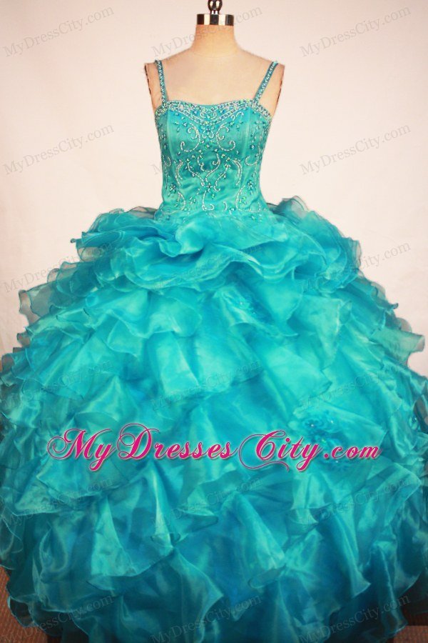 Blue Straps Girl Pageant Dresses With Ruffles and Beading