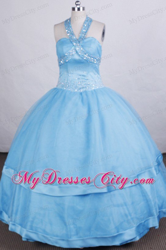 Ball Gown Aqua Blue Halter Beaded Floor-length Glitz Pageant Dress