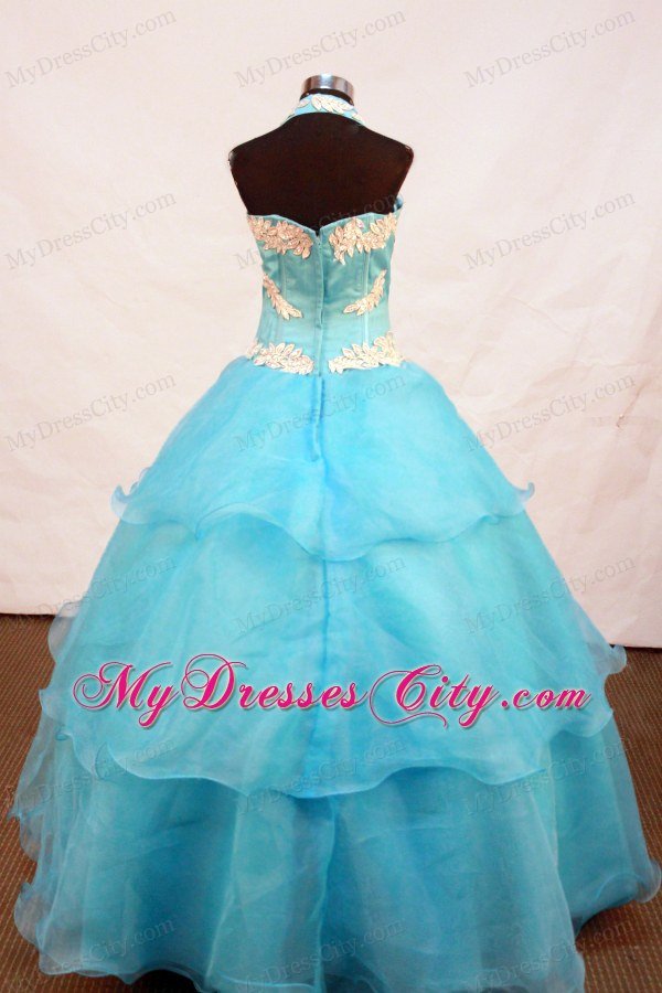 Light Blue Appliques Halter Organza baby Girl Pageant Dress 2013