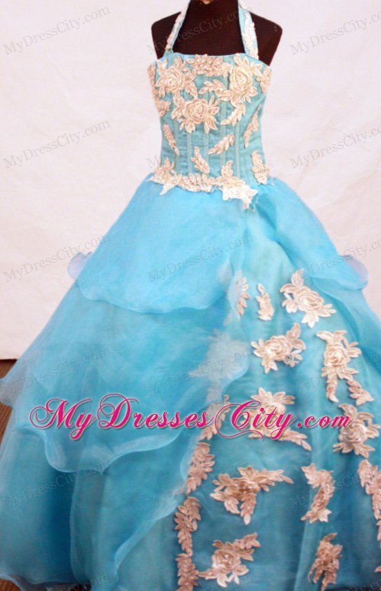 Light Blue Appliques Halter Organza baby Girl Pageant Dress 2013