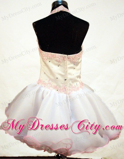 White Appliques and Beading Halter Short Little Girl Dress