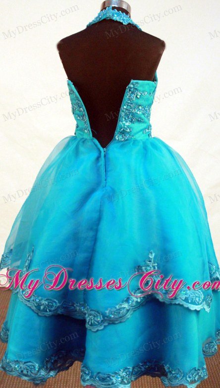 Appliques Halter V-neck Teal Beaded Little Girl Pageant Dress