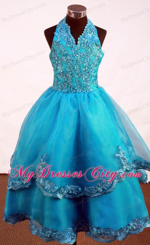 Appliques Halter V-neck Teal Beaded Little Girl Pageant Dress