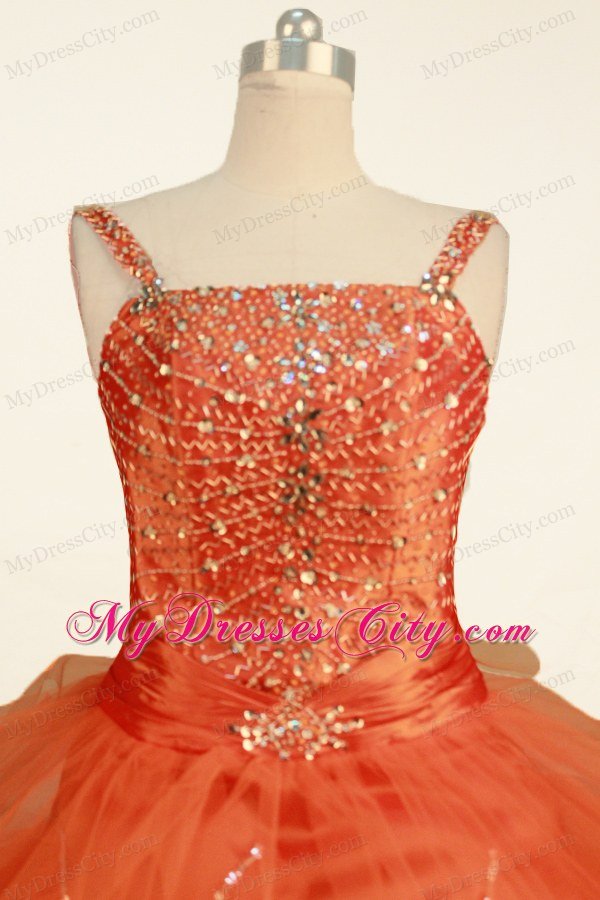 Beading Straps Orange Tulle Little Girl Pageant Dress Ball Gown