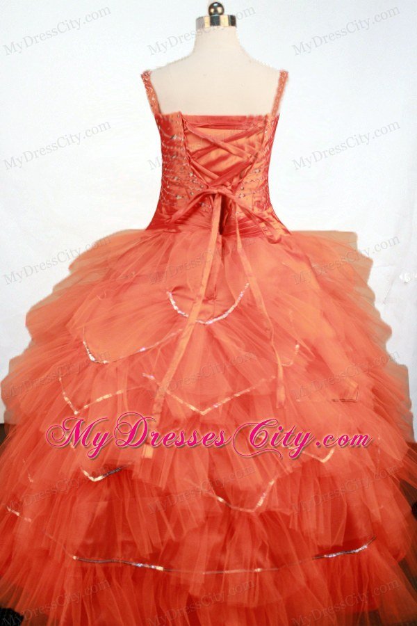 Beading Straps Orange Tulle Little Girl Pageant Dress Ball Gown