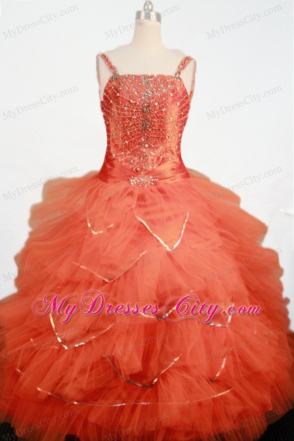 Beading Straps Orange Tulle Little Girl Pageant Dress Ball Gown