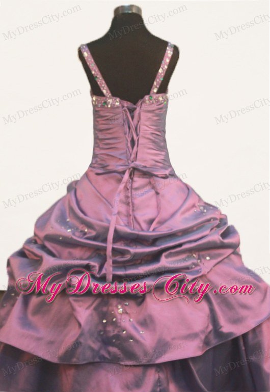 Purple Little Girl Pageant Dress with Beading Pick-ups Straps