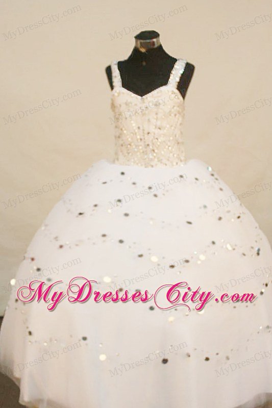 White Straps Little Girl Pageant Dress With Beading and Appliques