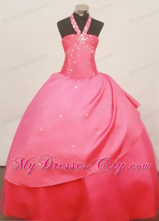 Coral Red Halter Beaded Floor-Length 2013 Little Girl Pageant Dress