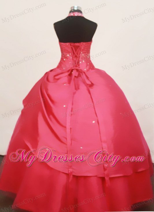 Coral Red Halter Beaded Floor-Length 2013 Little Girl Pageant Dress