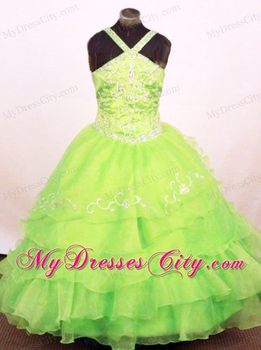 Ruffled Spring Green Straps Layeres Little Girl Pageant Dress