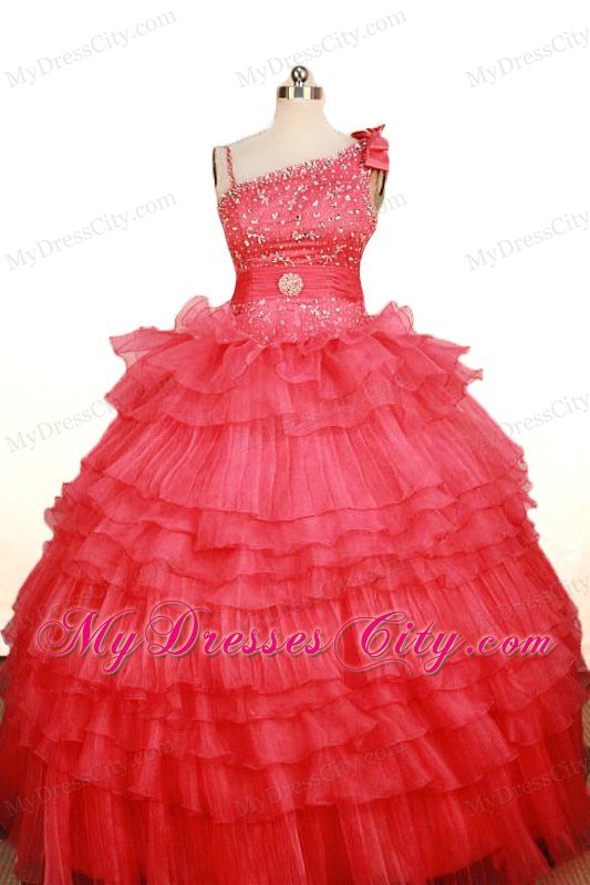 Coral Red Little Girl Pageant Dress Asymmetrical Beaded Organza