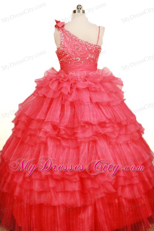 Coral Red Little Girl Pageant Dress Asymmetrical Beaded Organza